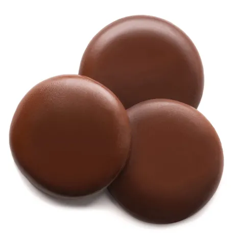 Three Dark Chocolate Easy Melt Buttons close up on a white background